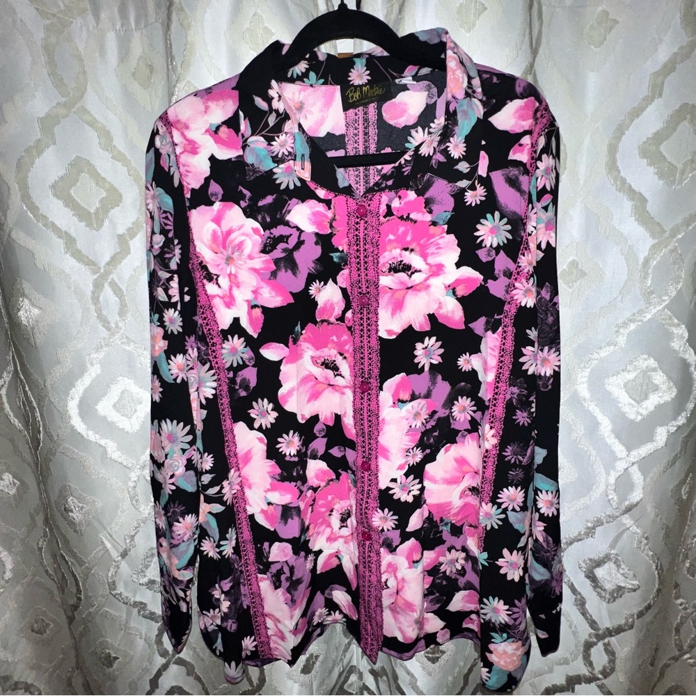 Bob Mackie Black and Pink Floral Button Down Shirt
